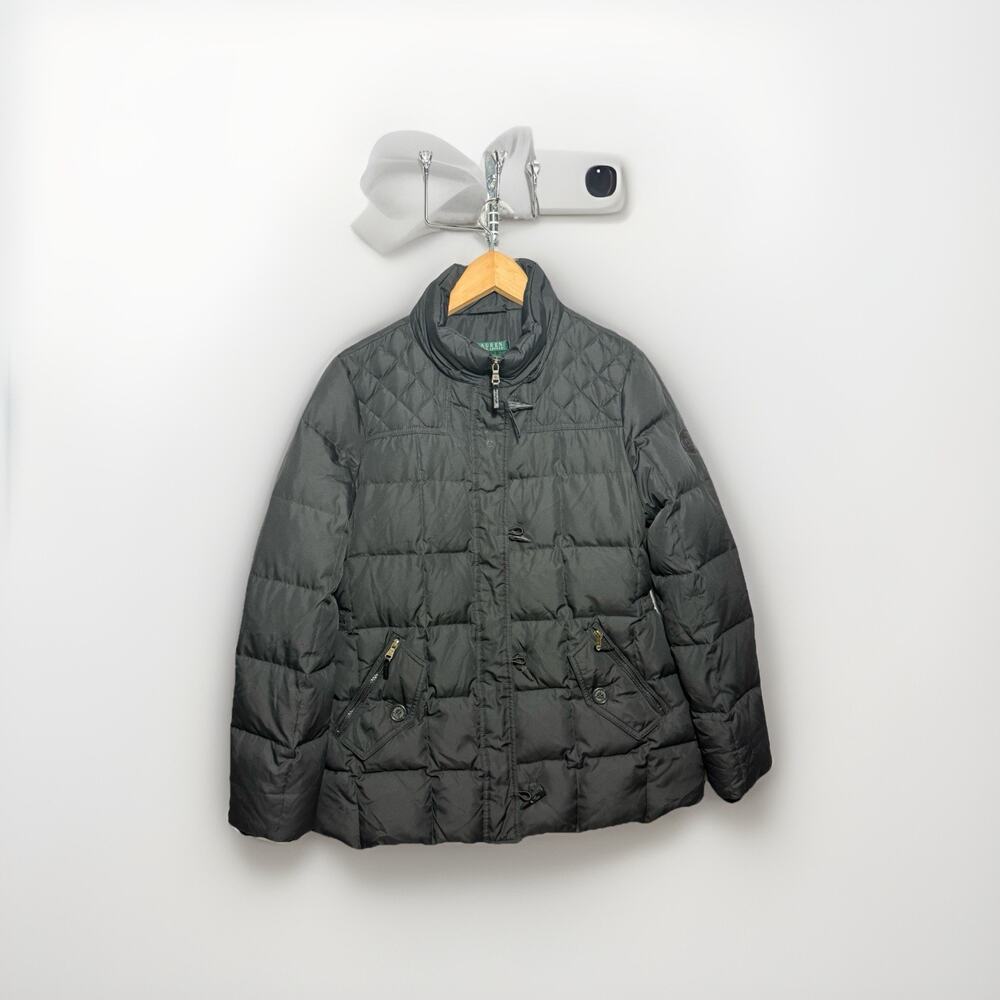 Lauren Ralph Lauren Down Puffer Jacket Women’s Medium Black Quilted Belted Coat